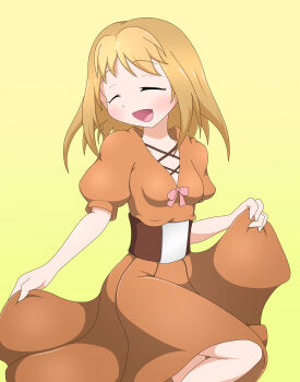 1girl amauchi belt blonde_hair breasts brown_belt brown_dress commentary_request dress happy highres laces lencubus light_blush mon-musu_quest! open_mouth pink_ribbon ribbon short_hair skirt_hold smile yellow_background