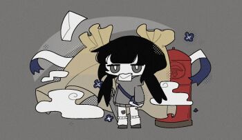 1girl bag bandaid bandaid_on_leg bright_pupils chibi chibi_only chinese_commentary commentary_request envelope film_grain fire_hydrant gauze gauze_on_leg greyscale hood hood_down hoodie inabakumori jitome kuwuzhengpai long_hair long_sleeves messenger_bag monochrome mouth_hold osage_(nukunuku_nigirimeshi) shoulder_bag socks solo spot_color twintails