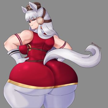 1girl absurdres animal_ears ass blunt_bangs breasts closed_mouth cowboy_shot dress from_behind gloves gold_ship_(umamusume) grey_background half-closed_eyes hands_on_own_hips headgear highres horse_ears horse_tail huge_ass huge_breasts long_hair looking_at_viewer looking_back muscular muscular_female omegabean pantyhose purple_eyes red_dress simple_background sleeveless smile solo standing tail theomegagod thick_thighs thighs umamusume white_gloves white_hair white_pantyhose