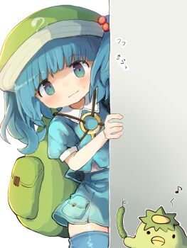 Rule 34 | 1girl, backpack, bag, blue boots, blue eyes, blue hair, blue shirt, blue skirt, blunt bangs, blush, boots, commentary, flat cap, hat, highres, kappa, kawashiro nitori, medium hair, peeking out, shirt, shy, skirt, sweatdrop, thigh boots, thighhighs, touhou, tungsten mochoo, two side up, wavy mouth, zettai ryouiki