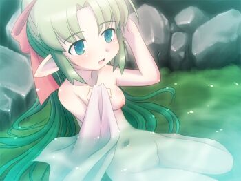 1girl averting_eyes bare_shoulders bathing blush bow breasts cleft_of_venus completely_nude curtained_hair elf foot_out_of_frame from_above green_eyes green_hair hair_bow hand_in_own_hair hand_up holding holding_towel juusha-chan_to_yaya_zannen_na_yuusha_no_hanashi juusha_(juusha-chan_to_yaya_zannen_na_yuusha_no_hanashi) long_hair night nipples nude onsen open_mouth outdoors partially_submerged pointy_ears ponytail pussy red_bow rock seiza shoulder_blush sidelocks sitting small_breasts solo steam third-party_source towel water yoshi_(crossmind)