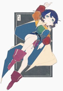 1girl 4qw5 absurdres arm_up belt ben-day_dots black_belt blue_cape blue_eyes blue_hair boots cape dress dutch_angle floating full_body highres knee_up light_blush light_smile looking_at_viewer multicolored_dress muted_color patchwork_clothes pointing pointing_down pointing_up purple_boots rainbow_hairband screentones short_dress short_hair tenkyuu_chimata tenkyuu_chimata_pose touhou two-sided_cape two-sided_fabric yellow_cape zipper zipper_pull_tab