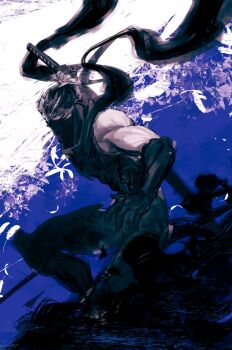 1boy bare_shoulders black_scarf commentary_request floating_scarf highres holding holding_sword holding_weapon katana kneeling looking_at_viewer male_focus mask momota_ro5555 mouth_mask ninja ninja_gaiden ninja_gaiden_4 ninja_mask purple_theme ryu_hayabusa scarf solo sword toned toned_male weapon