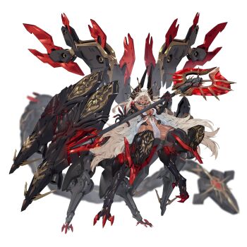 Rule 34 | 1girl, abs, absurdres, axe, blonde hair, breasts, dark-skinned female, dark skin, extra legs, facial mark, full body, highres, holding, holding axe, huge weapon, large breasts, long hair, looking at viewer, mecha musume, mechanical arms, mechanical legs, muscular, muscular female, original, pelvic curtain, pussy, red eyes, see-through clothes, solo, taur, very long hair, weapon, white background, zhu fun