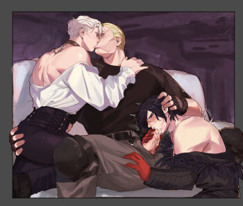 3boys absurdres bara belt black_belt black_choker black_hair black_jacket black_pants black_shirt blonde_hair blush choker closed_eyes cum cum_in_mouth cum_on_male dual_persona ejaculation erection fellatio gloves grey_pants hand_on_another's_head highres jack_krauser jacket kiss knee_pads large_pectorals leon_s._kennedy male_focus multiple_boys muscular muscular_male official_alternate_costume on_(isk1812) open_belt open_pants oral pants pectorals penis red_gloves resident_evil resident_evil_4 resident_evil_4_(remake) shirt short_hair sitting white_hair white_shirt yaoi
