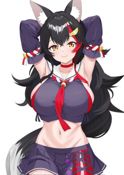1girl animal_ear_fluff animal_ears armpits arms_behind_head black_hair black_shirt black_skirt breasts choker closed_mouth commentary_request cowboy_shot crossed_bangs detached_sleeves double-parted_bangs groin hair_ornament highres hololive large_breasts long_hair looking_at_viewer multicolored_hair navel ookami_mio ookami_mio_(1st_costume) orange_eyes philip98267134 red_choker red_streaks sailor_collar shirt simple_background skirt smile solo stomach streaked_hair tail virtual_youtuber white_background white_sailor_collar wolf_ears wolf_girl wolf_tail