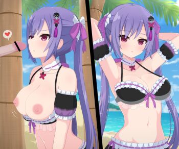 1boy 1girl arm_garter arms_behind_head arms_up assault_lily bar_censor bare_shoulders bikini bikini_pull bikini_top_pull blue_sky blurry blurry_background blush breasts breasts_out censored closed_mouth clothed_sex clothes_pull cloud collarbone commentary_request day frilled_bikini frilled_ribbon frills front-tie_bikini_top front-tie_top hair_ornament hair_ribbon haniwa_(kiminozorazio) heart hetero highres horizon imminent_fellatio jewelry large_breasts long_hair looking_at_another looking_at_viewer matsumura_fuuka motion_lines multiple_views navel nipples official_alternate_costume out_of_frame outdoors palm_tree parted_lips pendant penis pink_eyes pink_ribbon purple_hair ribbon ribbon-trimmed_bikini ribbon_trim see-through_bikini see-through_clothes sky solo_focus sparkle speech_bubble spoken_heart standing stomach swimsuit tassel tassel_hair_ornament tree twintails upper_body v-shaped_eyebrows very_long_hair water