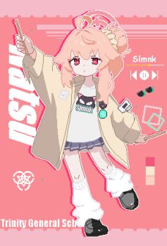 1girl absurdres ahoge arm_up blue_archive blue_skirt drumsticks full_body hair_bun halo hashtag-only_commentary highres holding holding_drumsticks jacket long_hair long_sleeves looking_at_viewer loose_socks miniskirt natsu_(band)_(blue_archive) natsu_(blue_archive) official_alternate_costume open_clothes open_jacket open_mouth pink_background pink_hair pink_halo pixel_art progress_bar red_eyes shirt single_hair_bun skirt slmnk10124 socks solo white_shirt white_socks yellow_jacket