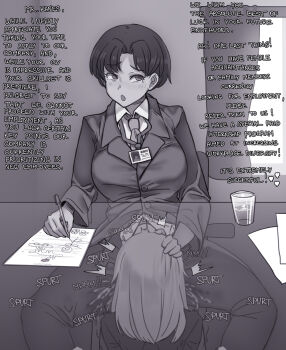 2girls breasts chair collared_shirt commentary cum cup curtains drinking_glass english_commentary english_text fellatio futa_with_female futanari highres holding holding_pen huge_penis irrumatio large_breasts long_hair looking_at_viewer monochrome multiple_girls necktie on_chair oral original panzermeido paper pen penis see-through_clothes shirt short_hair sitting spread_legs stealth_fellatio stealth_sex talking window writing