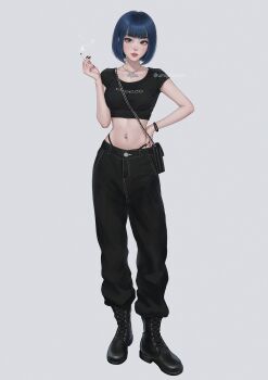 1girl black_boots black_nails black_shirt blue_hair bob_cut boots bracelet breasts cigarette collarbone commentary crop_top english_commentary full_body grey_background hand_on_own_hip head_tilt highres holding holding_cigarette jewelry looking_at_viewer medium_breasts midriff narrow_waist navel navel_piercing necklace original parted_lips piercing shirt short_hair simple_background smoke solo standing twitter_username umigraphics watermark