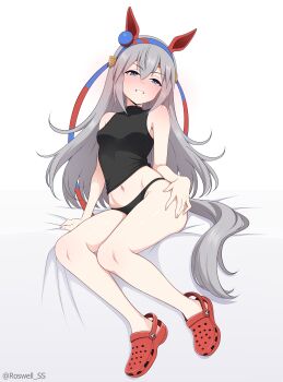 1girl absurdres animal_ears black_panties black_shirt blue_eyes blue_hairband commentary_request ear_covers full_body grey_hair hairband highres horse_ears horse_girl horse_tail legs long_hair looking_at_viewer panties red_shoes roswell_ss shirt shoes simple_background sleeveless sleeveless_shirt smile solo tail tamamo_cross_(umamusume) umamusume underwear white_background