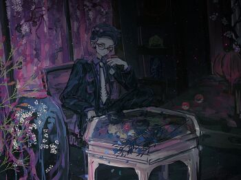 1boy black_hair black_jacket black_pants closed_mouth collared_shirt commentary_request corbeau_(pokemon) eyewear_strap flower glasses highres horimhkw11 indoors jacket long_sleeves looking_at_viewer male_focus necktie nintendo pants parted_hair pink_flower poke_ball poke_ball_(basic) pokemon pokemon_legends:_z-a purple_hair purple_shirt round_eyewear shirt short_hair short_sideburns sitting solo sparkle table undercut upper_body white_flower white_necktie yellow_eyes