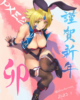 1girl animal_ears blonde_hair breasts cleavage closed_mouth dated fingerless_gloves fishnet_thighhighs fishnets forehead_jewel full_body gloves haruyama_kazunori highres large_breasts long_hair looking_at_viewer navel open_mouth project_x_zone project_x_zone_2 rabbit_ears sheath_(pxz) short_hair smile solo thighhighs yellow_eyes