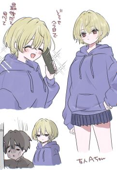 1boy 1girl :d =_= ^_^ aijou_rentarou bare_legs black_hair black_skirt blonde_hair blush brown_eyes closed_eyes commentary diploma_tube drawstring friend_a_(hyakkano) genderswap genderswap_(mtf) gloom_(expression) graduation hand_on_own_hip highres hood hood_down hoodie jitome kimi_no_koto_ga_dai_dai_dai_dai_daisuki_na_100-nin_no_kanojo kuchiha_chiru3 long_sleeves miniskirt multiple_views open_mouth pleated_skirt purple_hoodie short_hair simple_background skirt sleeves_past_wrists smile sparkle translated white_background x_mouth