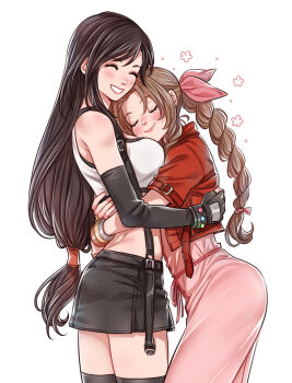 Rule 34 | 2girls, aerith gainsborough, arms around waist, black gloves, black hair, black thighhighs, blush, bow, braid, braided ponytail, breasts, brown hair, closed eyes, commentary, cowboy shot, crop top, crylin6, dress, elbow gloves, english commentary, final fantasy, final fantasy vii, flower symbol, from side, gloves, grin, hair bow, head on chest, highres, hug, jacket, large breasts, long hair, low-tied long hair, midriff, multiple girls, pink bow, pink dress, red jacket, shirt, simple background, skirt, smile, suspender skirt, suspenders, thighhighs, tifa lockhart, very long hair, white background, white shirt, yuri