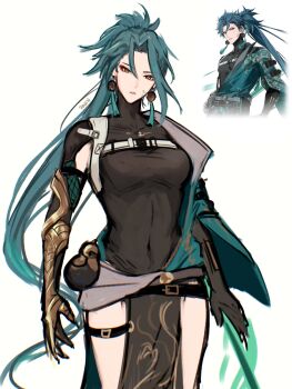 1girl belt black_dress breasts bridal_gauntlets commentary_request covered_navel dress genderswap genderswap_(mtf) green_hair green_kimono hadanugi_dousa highres japanese_clothes jhenny345 jiyan_(wuthering_waves) kimono large_breasts long_hair looking_at_viewer official_art_inset open_kimono pangu_terminal_(wuthering_waves) parted_lips pelvic_curtain ponytail reference_inset simple_background solo spanish_commentary thigh_belt thigh_strap thighs very_long_hair white_background wuthering_waves yellow_eyes