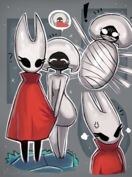 ! 2girls ? anger_vein angry arthropod_girl black_eyes blush cloak closed_eyes collarbone dress gagged grey_background hollow_knight hollow_knight:_silksong hornet_(hollow_knight) lace_(hollow_knight) looking_at_viewer multiple_girls puff_of_air red_cloak silk sparkle speech_bubble spoken_character standing surprised tied_up_(nonsexual) tony_welt white_dress white_eyes white_mask