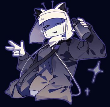 1girl animal_ears antennae black_background black_jacket black_shirt cat_ears crt forsaken_(roblox) hands_up hat holding holding_spray_can hong_tanght jacket looking_at_viewer object_head one_eye_closed roblox shirt simple_background solo sparkle spray_can veeronica_(forsaken) w white_hat