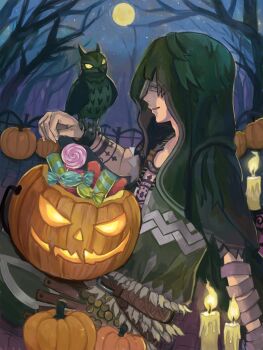 1boy animal_on_arm bandaged_arm bandages bird bird_on_arm black_hood black_tunic candle candy eli_clark eli_clark_(experienced_huntsman) food halloween halloween_bucket hanaochi_pic highres hood_over_eyes identity_v jack-o&#039;-lantern lollipop loose_bandages male_focus moon night night_sky official_alternate_costume owl profile sitting sky star_(sky) starry_sky swirl_lollipop tattoo tree tribal_tattoo tunic
