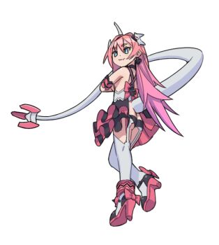 1girl ass bad_id bad_pixiv_id blue_eyes butt_crack closed_mouth crossed_arms fang full_body honkai_(series) honkai_impact_3rd horns kneepits long_hair matsushita_yuubin pink_hair rozaliya_olenyeva shoe_soles simple_background single_horn skin_fang smile solo tail thighhighs white_background white_thighhighs