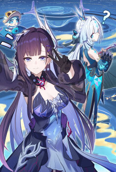 2girls ? absurdres bare_shoulders black_gloves black_hair blue_dress blue_eyes blue_hair braid breasts bubbles_(honkai:_star_rail) cerydra_(honkai:_star_rail) chibi chimera_(honkai:_star_rail) chinese_commentary cleavage closed_mouth commentary_request covered_navel crown detached_sleeves dress earrings gloves gradient_hair hair_ornament hapwind highres holding honkai:_star_rail honkai_(series) hysilens_(honkai:_star_rail) jewelry long_hair looking_at_viewer multicolored_hair multiple_girls purple_eyes purple_hair selfie smile standing v white_hair