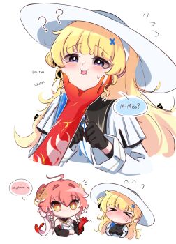 &gt;_&lt; 2girls ? ?? absurdres black_collar black_gloves blonde_hair blue_eyes blush changli_(wuthering_waves) cheek_squash chibi chibi_inset collar colored_extremities commentary english_text flying_sweatdrops gloves hair_extensions hair_ornament hat highres long_hair long_sleeves multiple_girls open_mouth phoebe_(wuthering_waves) pink_hair red_hands ring_hair_extensions shirt simple_background white_background white_hat white_shirt wuthering_waves x_hair_ornament zevi_(zevi_ii)