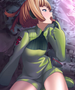 1girl blonde_hair blue_eyes boots chemical_flow commentary_request feather_hair gloves green_boots green_gloves green_shorts green_sweater highres konami_kirie oral_invitation short_hair shorts solo sweater tongue tongue_out world_trigger