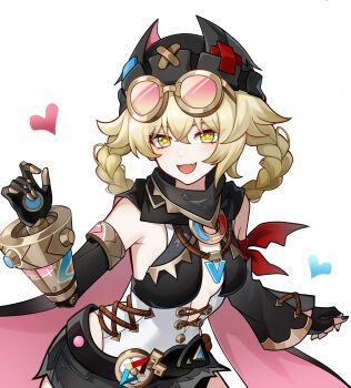 1girl :d absurdres bare_shoulders belt black_cape black_gloves black_shorts blonde_hair braid braided_hair_rings breasts cape chinese_commentary commentary_request cowboy_shot detached_sleeves eyewear_on_head fang fingerless_gloves genshin_impact gloves goggles goggles_on_head hair_between_eyes hair_rings hat heart highres jahoda_(genshin_impact) long_hair looking_at_viewer opaoye open_mouth scarf short_shorts shorts simple_background skin_fang smile solo star-shaped_pupils star_(symbol) symbol-shaped_pupils twin_braids white_background yellow_eyes