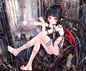 1girl a1u absurdres barefoot black_hair black_horns commentary demon_girl demon_horns demon_wings earrings feet halo highres horns jewelry looking_at_viewer no_shoes open_mouth original pointy_ears red_eyes red_hair red_halo red_wings revision silk soles solo spider_web stirrup_legwear toeless_legwear toes wings