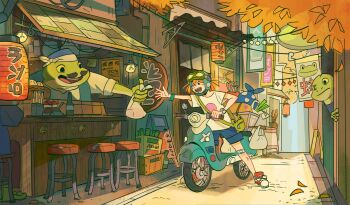 1girl animal architecture awning bag bar_(place) bar_stool bartender box building counter facial_hair foliage frog frog_boy goggles hat highres holding jenishiiarts motor_vehicle mustache open_mouth orange_hair original outdoors path plant road scooter shirt shoes short_hair sign smile standing stool string_lights tree