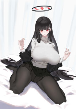 1girl absurdres black_hair black_jacket black_pantyhose black_shoes black_skirt blue_archive breasts bright_pupils chinese_commentary closed_mouth commentary grey_shirt hair_ornament hairpin halo high_heels highres jacket kugu_natie large_breasts long_hair looking_at_viewer pantyhose red_eyes rio_(blue_archive) shirt shoes sidelocks skirt solo very_long_hair white_pupils