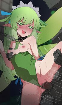 1boy 1girl bdsm black_souls blush breasts clothing_aside collar commission fairy fairy_wings geerux grabbing_another&#039;s_breast green_eyes green_hair green_leotard green_wings grimm_(black_souls) groping hetero highres leaf_(black_souls) leash leotard leotard_aside loli long_hair nipples penis pointy_ears sex slave small_breasts vaginal wings