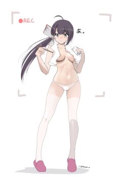 1girl convenient_censoring fujinami_(kancolle) highres kantai_collection looking_at_viewer navel panties ponytail simple_background tada_(tactical_tada) tagme underwear white_background