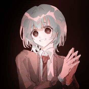 1boy black_background brown_cardigan brown_eyes cardigan collared_shirt diagonal-striped_clothes diagonal-striped_necktie dress_shirt grin highres looking_at_viewer male_focus necktie own_hands_together qiao_xia_ci red_necktie saihate_eki shirt short_hair smile solo steepled_fingers striped_clothes tatsunami_shion upper_body white_hair white_shirt