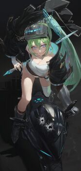 1girl black_boots black_jacket blue_eyes blue_nails boots breasts broken_glass bullet_hole cleavage collarbone cross cross_earrings earrings glass green_hair highres jacket jewelry long_hair medium_breasts motor_vehicle motorcycle necklace open_clothes open_jacket solo starshell stellive yuzuha_riko