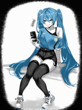 1girl absurdres alternate_costume artist_name black_border black_nails black_shorts black_thighhighs blue_eyes blue_hair blue_shirt border breasts buttons cellphone collarbone commentary english_commentary fingernails full_body gy_beth hair_between_eyes hand_up hatsune_miku highres holding holding_phone long_hair looking_at_phone medium_breasts multicolored_nails nail_polish nike_(company) pale_skin phone shirt shoes short_shorts short_sleeves shorts simple_background single_bare_shoulder sitting smartphone smile sneakers solo t-shirt teeth thighhighs thighs twintails uruguayan_flag vocaloid white_background white_shoes wristband yellow_nails