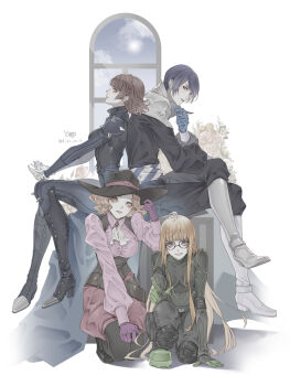 1boy 3girls blue_hair bodysuit boots brown_hair crossed_legs fox_(persona_5) full_body glasses gloves grey_eyes hat highres kitagawa_yuusuke looking_at_viewer multiple_girls niijima_makoto noir_(persona_5) okumura_haru oracle_(persona_5) orange_eyes persona persona_5 queen_(persona_5) ryokuyuu sakura_futaba short_hair sitting smile squatting window