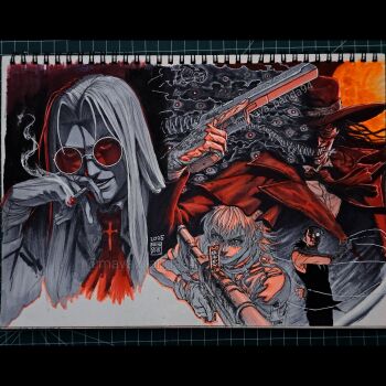 2boys 2girls alucard_(hellsing) artist_name ascot black_hair black_vest body_horror butler cigar cigarette coat collared_shirt cross cross_print evil_smile extra_eyes full_moon glasses gloves gun handgun hashtag-only_commentary hat hellsing highres holding holding_gun holding_weapon integra_hellsing limited_palette long_hair looking_at_viewer male_focus marker_(medium) maya_panda military_uniform monocle monster moon multiple_boys multiple_girls necktie photo_(medium) red-tinted_eyewear red_ascot red_hat red_moon revolver rifle round_eyewear seras_victoria sharp_teeth shirt short_hair shotgun smile smoke smoking sniper_rifle string sunglasses teeth tinted_eyewear traditional_media trench_coat upper_body vest walter_c._dornez weapon white_shirt