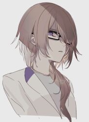 Rule 34 | 1girl, brown hair, closed mouth, commentary request, frown, glaring, glasses, grey background, hair between eyes, hair over one eye, hair over shoulder, ko (kochan pr), long hair, looking at viewer, pretty series, purple eyes, shaded face, simple background, solo, sumeragi amane (pretty series), upper body, waccha primagi!