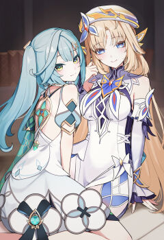 2girls aqua_hair aqua_pupils bare_shoulders blonde_hair blue_eyes breasts clothing_cutout cross-shaped_pupils detached_sleeves dress facial_mark faruzan_(genshin_impact) forehead_mark genshin_impact green_eyes hair_ornament hat highres large_breasts long_hair looking_at_viewer multiple_girls nicole_(genshin_impact) seiza shoulder_cutout sitting smile star_(symbol) star_facial_mark symbol-shaped_pupils triangle-shaped_pupils ura_(hamburg_oniku) white_dress white_hat white_sleeves