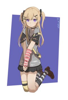 Rule 34 | 1girl, :/, absurdres, arm warmers, asymmetrical legwear, bang dream!, bang dream! our notes, belt, black choker, black ribbon, black skirt, blonde hair, brown shoes, choker, closed mouth, collared shirt, cross-laced clothes, cross-laced sleeves, dated, full body, grey shirt, hair ornament, hair ribbon, hairclip, highres, jewelry, jumping, kneehighs, layered sleeves, legs together, light blush, loafers, long hair, looking at viewer, miniskirt, necklace, o-ring, own hands together, pink arm warmers, purple background, purple eyes, qdcvd, raised inner eyebrows, ribbon, shinomiya shizuku, shirt, shoes, short sleeves, shoulder belt, simple background, single arm warmer, single thighhigh, skirt, socks, socks over thighhighs, solo, striped arm warmers, striped clothes, striped socks, thigh belt, thigh strap, thighhighs, two-tone background, two side up, uneven legwear, untucked shirt, white background, wing collar, x hair ornament, yellow thighhighs