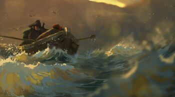 Rule 34 | 2others, blurry, blurry foreground, boat, caustics, cigarette, day, depth of field, eyepatch, hat, headband, highres, holding, holding oar, looking at another, motion blur, multiple others, oar, ocean, original, painterly, pirate hat, pov, rowboat, rowing, samuel smith, sea spray, simple bird, toned, toned male, watercraft