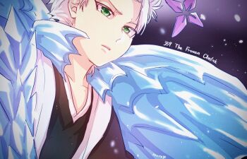 1046sstep_btoh 1boy bankai bleach commentary_request daiguren_hyourinmaru_(bankai) english_text green_eyes haori head_out_of_frame hitsugaya_toushirou ice japanese_clothes male_focus shihakusho snowing solo taichou_haori upper_body white_hair