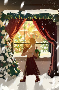 1girl absurdres backpack bag blonde_hair braid christmas christmas_tree ckkustar crown_braid curtains full_body highres long_skirt looking_through_window nintendo outdoors pennant princess_zelda short_hair skirt snow solo sweater the_legend_of_zelda the_legend_of_zelda:_breath_of_the_wild walking white_sweater window winter