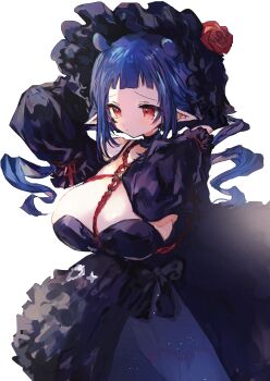 1girl 99migiy blue_hair breasts commission dizzy_dokuro dress large_breasts phase_connect red_eyes shibari skeb_commission virtual_youtuber