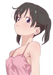 Rule 34 | 1girl, black hair, breasts, camisole, cleavage, covered nipples, doublep0ints, from side, hair between eyes, highres, kuraue hinata, looking at viewer, no bra, pink camisole, purple eyes, short twintails, sideboob, small breasts, solo, twintails, upper body, yama no susume