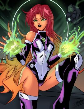 absurdres alien asteroid aurora black_lips colored_skin commentary darkfang100 dc_comics english_commentary fire green_eyes green_fire highres koriand'r looking_to_the_side non-web_source orange_skin red_hair sitting starfire teen_titans