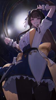 1girl absurdres black_hair black_pantyhose blue_eyes blue_skirt breasts character_request check_character check_copyright coat copyright_request edwin62293123 hair_ornament hashtag-only_commentary highres long_hair medium_breasts night pantyhose shirayuki_hina shirt skirt sky smile solo star_(sky) starry_sky stellive thigh_strap very_long_hair virtual_youtuber white_coat white_shirt wrist_cuffs
