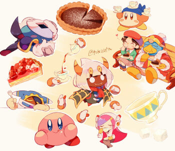 :q :t ^_^ adeleine armor artist_name bandana bandana_waddle_dee bench beret black_cape black_hair blue_bandana blue_eyes blue_socks blunt_bangs blush blush_stickers brown_eyes brown_footwear cape cloak closed_eyes closed_mouth collared_shirt commentary_request cup cup_on_head drinking eating fangs fangs_out food food_on_face fork fruit fur-trimmed_jacket fur-trimmed_sleeves fur_trim gloves green_cloak green_shirt grey_skirt hands_on_own_cheeks hands_on_own_face hands_up hat heart highres holding holding_cup holding_fork holding_mask holding_plate holding_saucer holding_teapot hood hood_up horns jacket king_dedede kirby kirby_(series) licking_lips long_hair long_skirt long_sleeves looking_at_viewer magolor mask mask_on_head meta_knight nintendo on_bench open_clothes open_jacket orange_horns parted_bangs pauldrons pencil_skirt pie pie_slice pink_hair plate pom_pom_(clothes) pouring rayman_limbs red_headwear red_jacket red_scarf saucer scarf shirt shoes short_hair shoulder_armor sidelocks simple_background sitting skirt smile socks strawberry sugar_cube susie_(kirby) swept_bangs taranza tea teacup teapot tokuura tongue tongue_out u_u v-shaped_eyebrows white_background white_eyes white_gloves white_hair yellow_background yellow_gloves