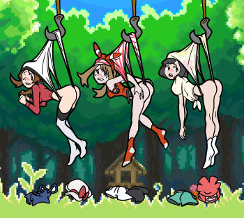 3girls ass ass_focus atomic_wedgie bent_over bike_shorts biting_own_lip black_bike_shorts black_shorts black_undershirt blue_eyes blue_overalls blue_shorts blue_sky blush bob_cut bow bra bralines breasts brown_eyes brown_hair cabin clenched_hand clenched_hands clenched_teeth collar curvy dangling_arms digola dot_nose embarrassed flat_chest flat_color foot_dangle forest from_side full_body grass green_panties grey_socks hair_bow hair_ornament hairband hands_on_own_ass hands_up hanging hanging_legs hanging_wedgie hat hat_bow helpless hook humiliation knees leg_lift leg_up legs legs_up lip_bitting long_hair long_sleeves looking_to_the_side lyra_(pokemon) may_(pokemon) medium_breasts medium_hair moaning multicolored_bow multicolored_panties multiple_girls nature newsboy_cap nintendo no_anus no_pussy one_eye_closed over-kneehighs overalls pain panties panty_lift panty_pull pink_panties pixel_art pokemon pokemon_gold/silver/crystal pokemon_heartgold_and_soulsilver pokemon_omega_ruby_and_alpha_sapphire pokemon_ruby/sapphire/emerald pokemon_sun_and_moon pokemon_ultra_sun_and_ultra_moon print_panties red_bow red_bra red_hat red_panties red_shirt red_socks red_tank_top restrained rope selene_(pokemon) shirt short_hair short_sleeves shorts sidelocks sky sleeveless sleeveless_shirt sleeveless_tanktop small_breasts socks stretched_panties stretched_underwear stretching stretching_panties stretching_underwear striped_bow striped_clothes striped_panties stuck swept_bangs tank_top tearing_up tears teeth thighhighs tied_shirt tongue tree two-tone_socks undershirt underwear unworn_bike_shorts unworn_hat unworn_headwear unworn_overalls upper_teeth_only waistband wedgie white_collar white_panties white_shorts white_socks wince yellow_panties yellow_shirt